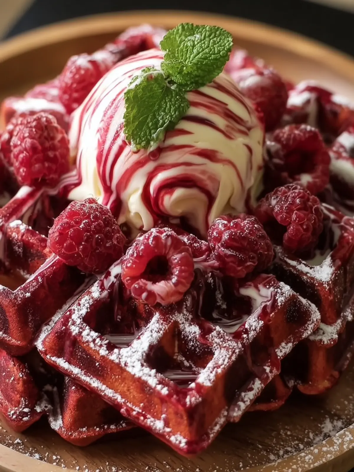 Red Velvet Waffles with Raspberries First Image