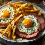 Air fryer gammon with fried eggs and garlic butter fries First Image