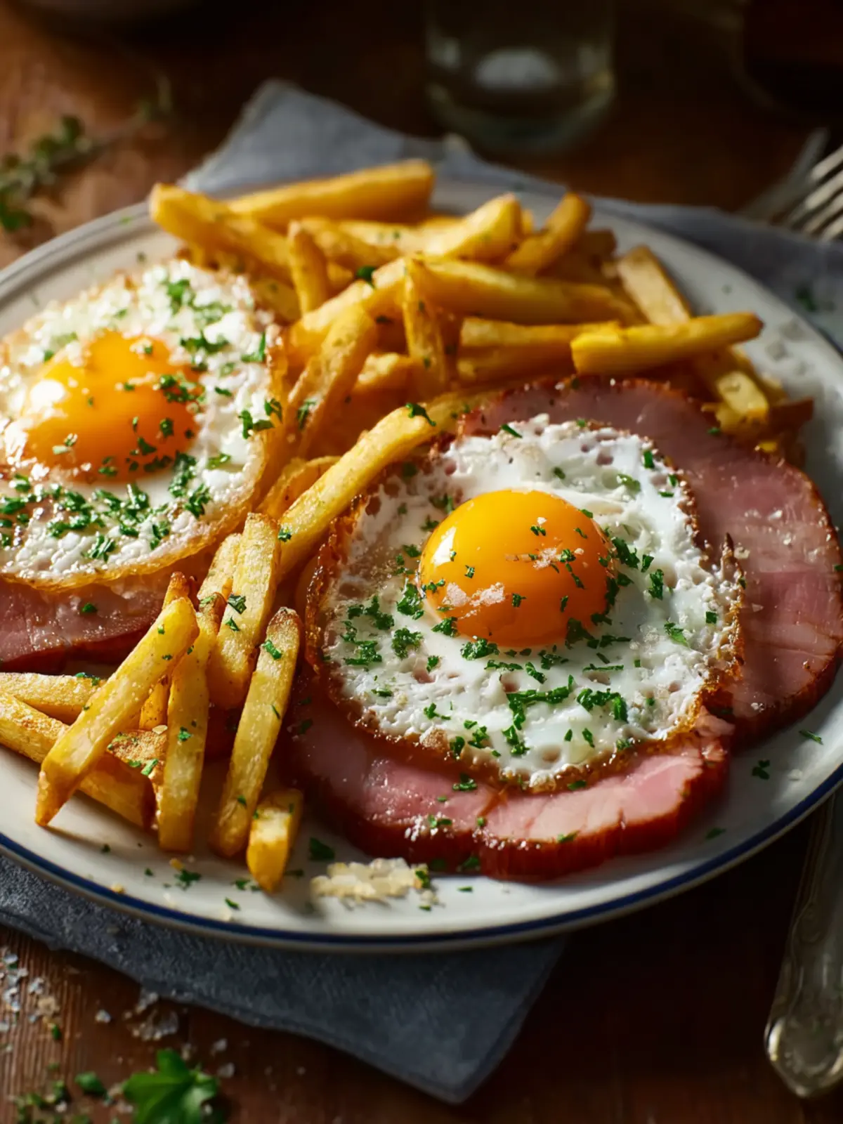 Air fryer gammon with fried eggs and garlic butter fries First Image